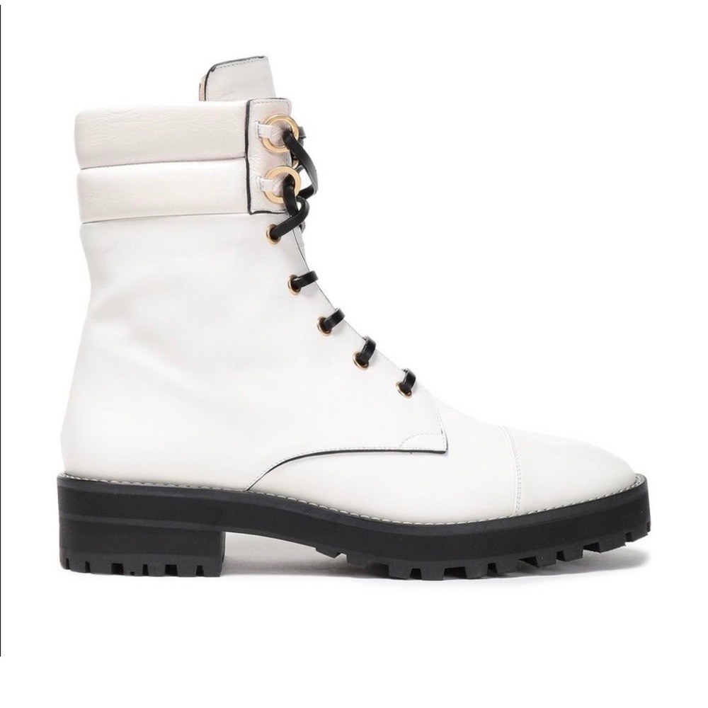 Stuart Weitzman Lexia Combat Boots Women's White Leather Lace Up Lug‎ Sole Spain